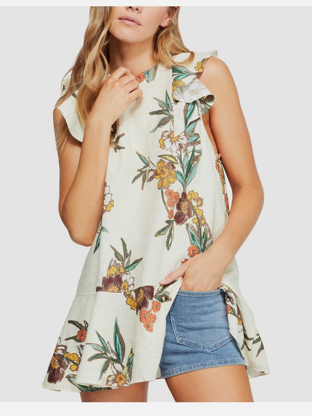 Free People Summer In Tulum Ivory White Floral Linen Blend Dress Tunic Top XS